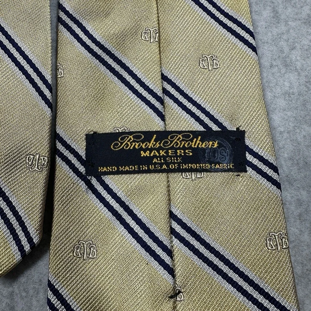 Brooks Brothers Silk Repp Tie Gold Navy Blue Striped Logo Embroidery Made In USA